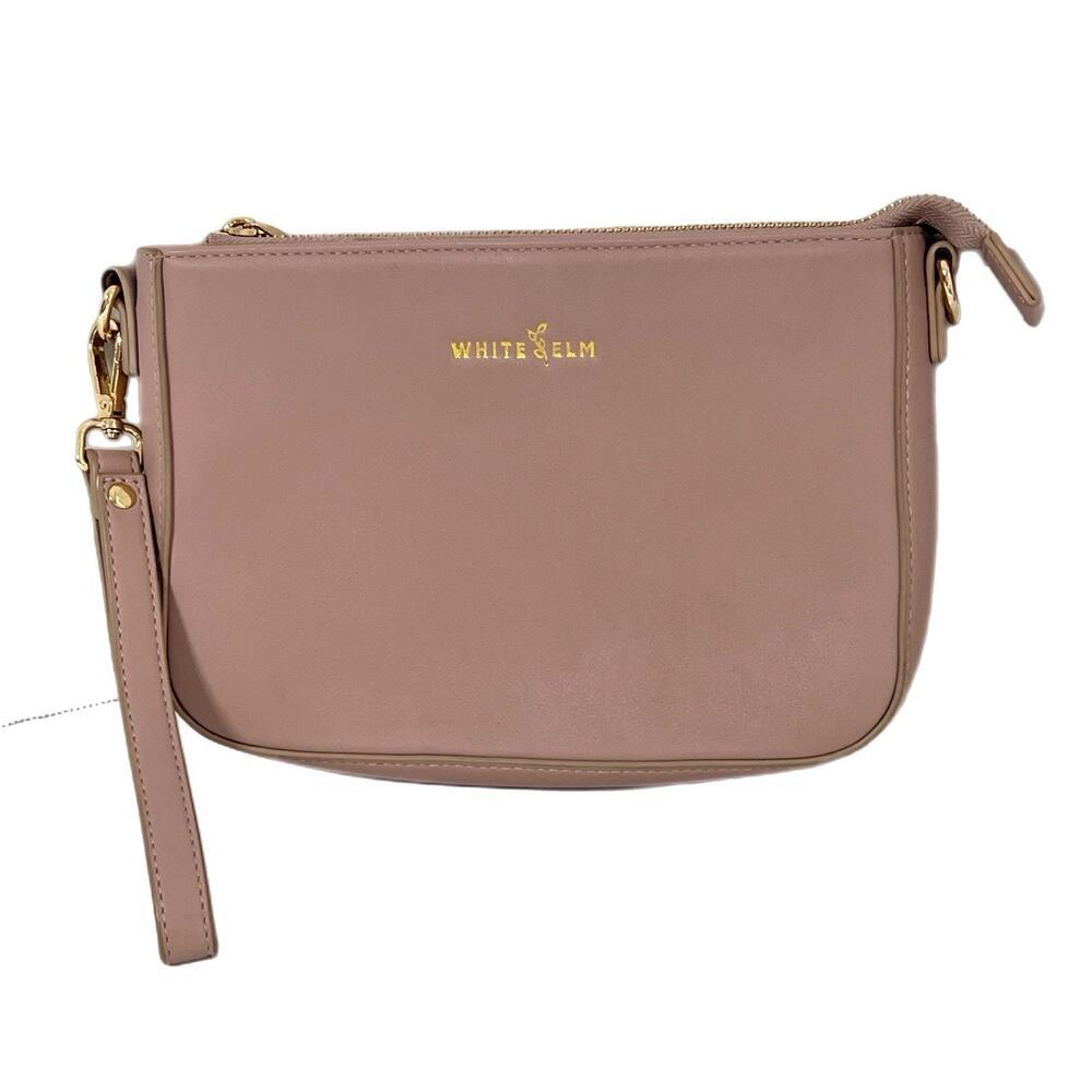White Elm Wristlet Bag Top Zip Blush Pink Vegan Leather Gold Hardware Clutch
